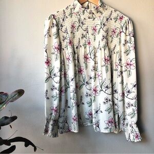 CURE Smocked Long Sleeve Floral Top with High Collar. New with Tag.